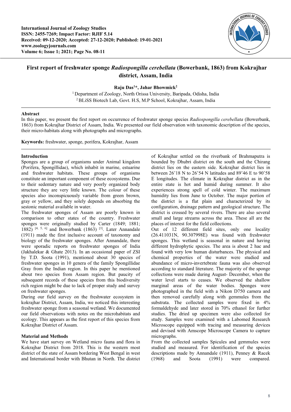 First Report of Freshwater Sponge Radiospongilla Cerebellata (Bowerbank, 1863) from Kokrajhar District, Assam, India