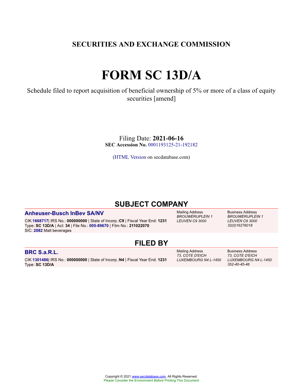 Anheuser-Busch Inbev SA/NV Form SC 13D/A Filed