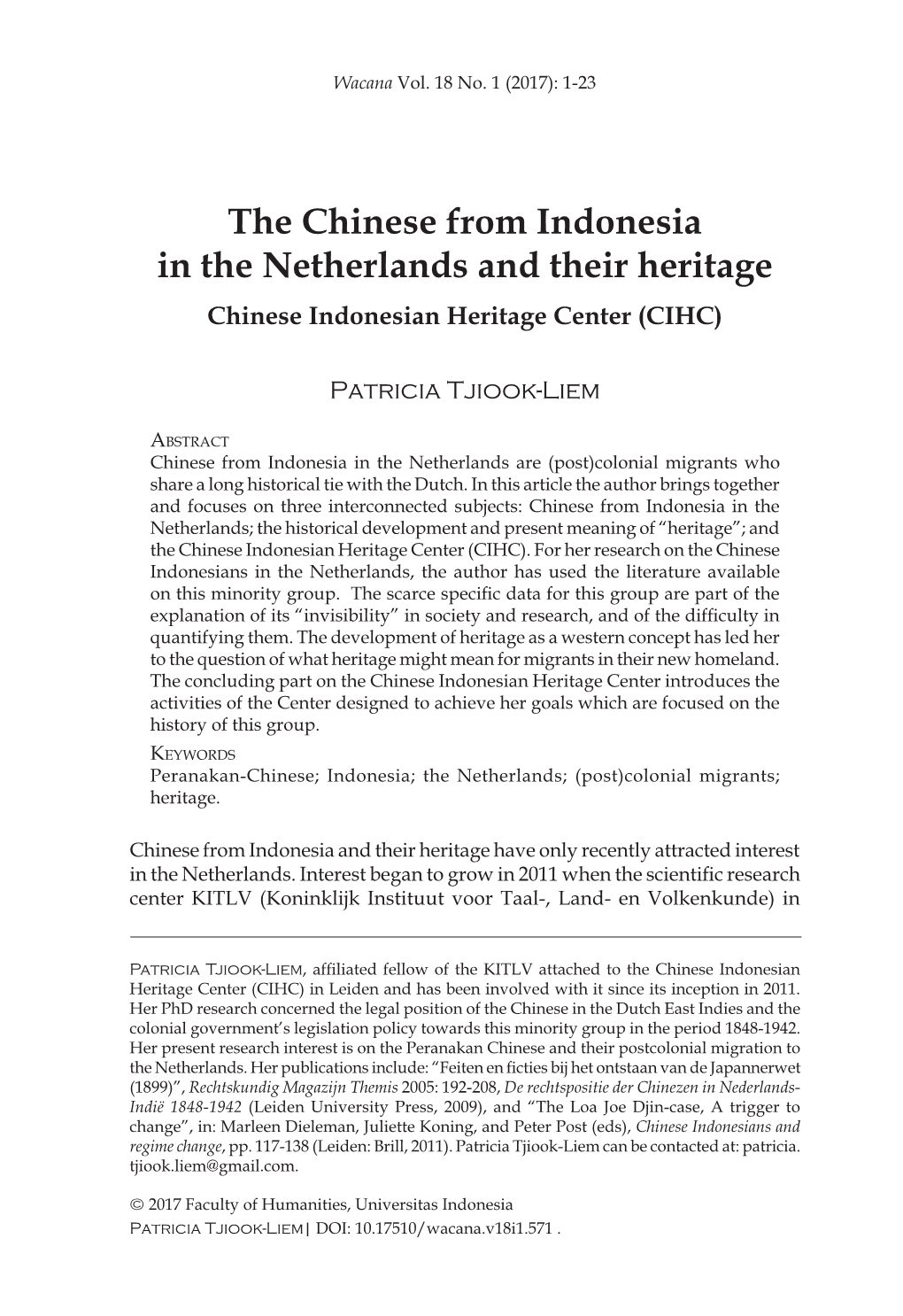 The Chinese from Indonesia in the Netherlands and Their Heritage Chinese Indonesian Heritage Center (CIHC)