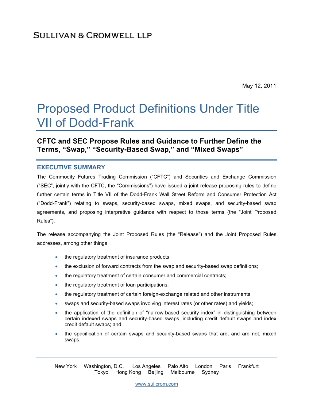 Proposed Product Definitions Under Title VII of Dodd-Frank