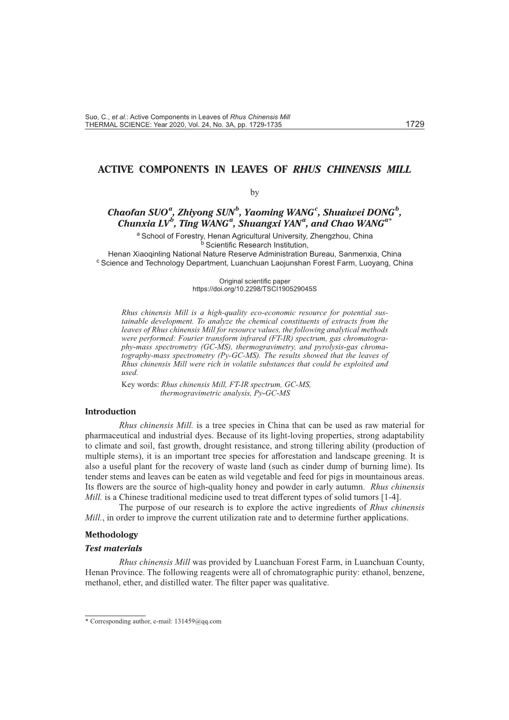 Active Components in Leaves of Rhus Chinensis Mill THERMAL SCIENCE: Year 2020, Vol