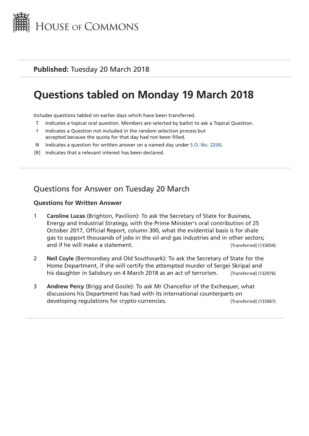 Questions Tabled on Mon 19 Mar 2018