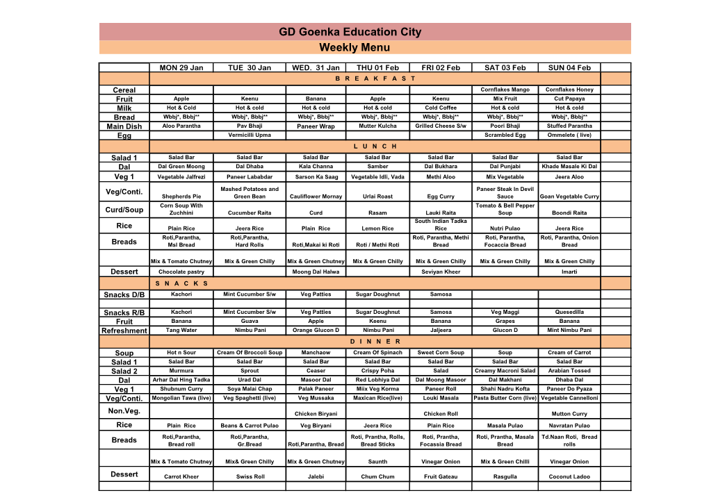 GD Goenka Education City Weekly Menu