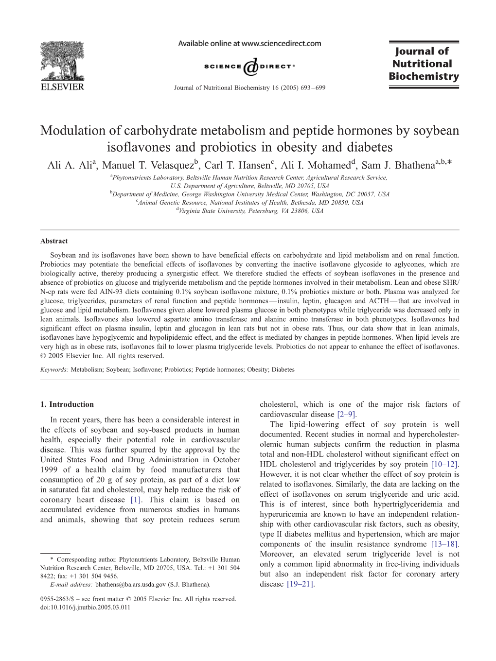 Modulation of Carbohydrate Metabolism and Peptide Hormones by Soybean Isoflavones and Probiotics in Obesity and Diabetes Ali A