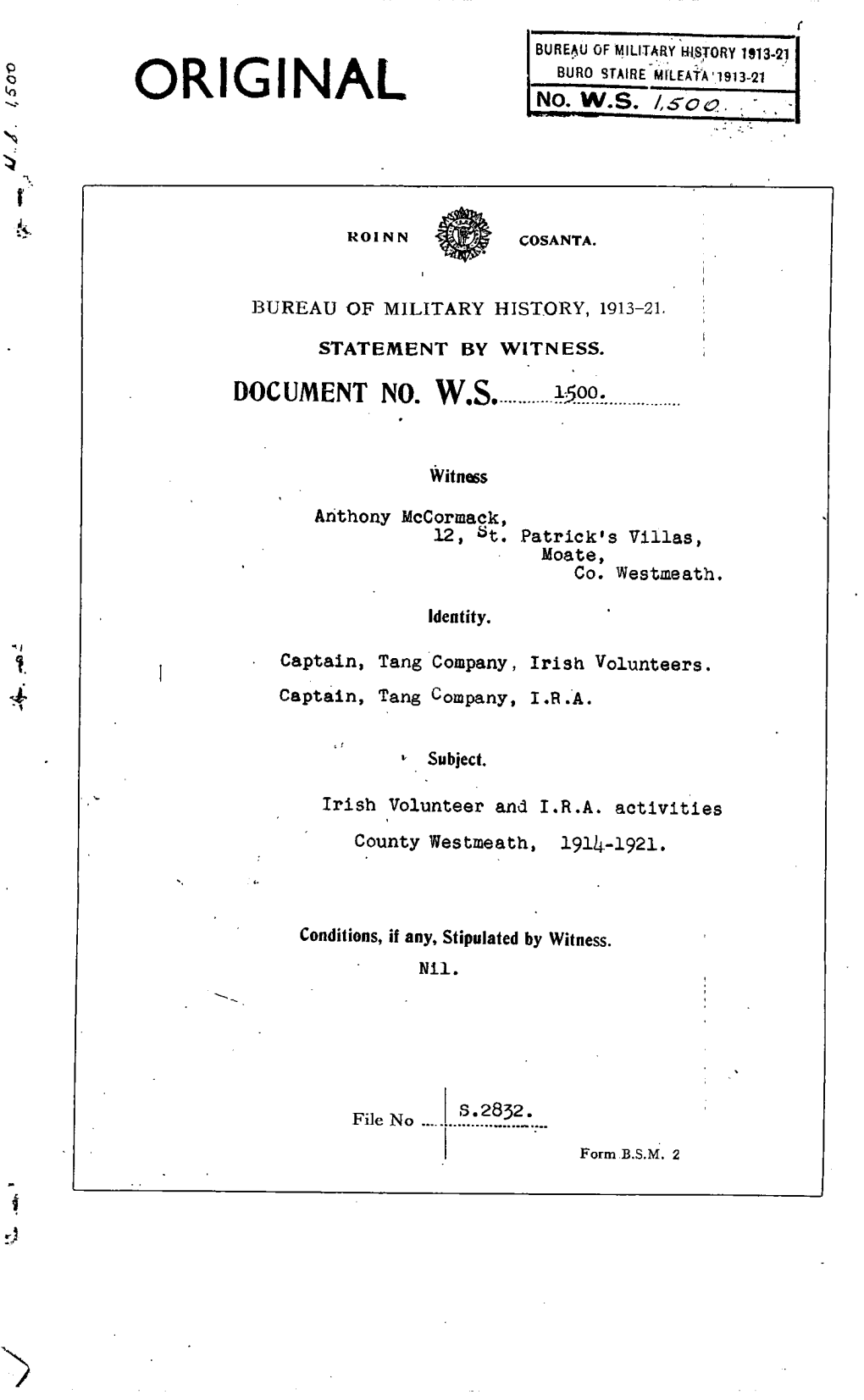 ROINN COSANTA. BUREAU of MILITARY HISTORY, 1913-21 STATEMENT by WITNESS. DOCUMENT NO. WS 1500. Witness Anthony Mccormack, 12