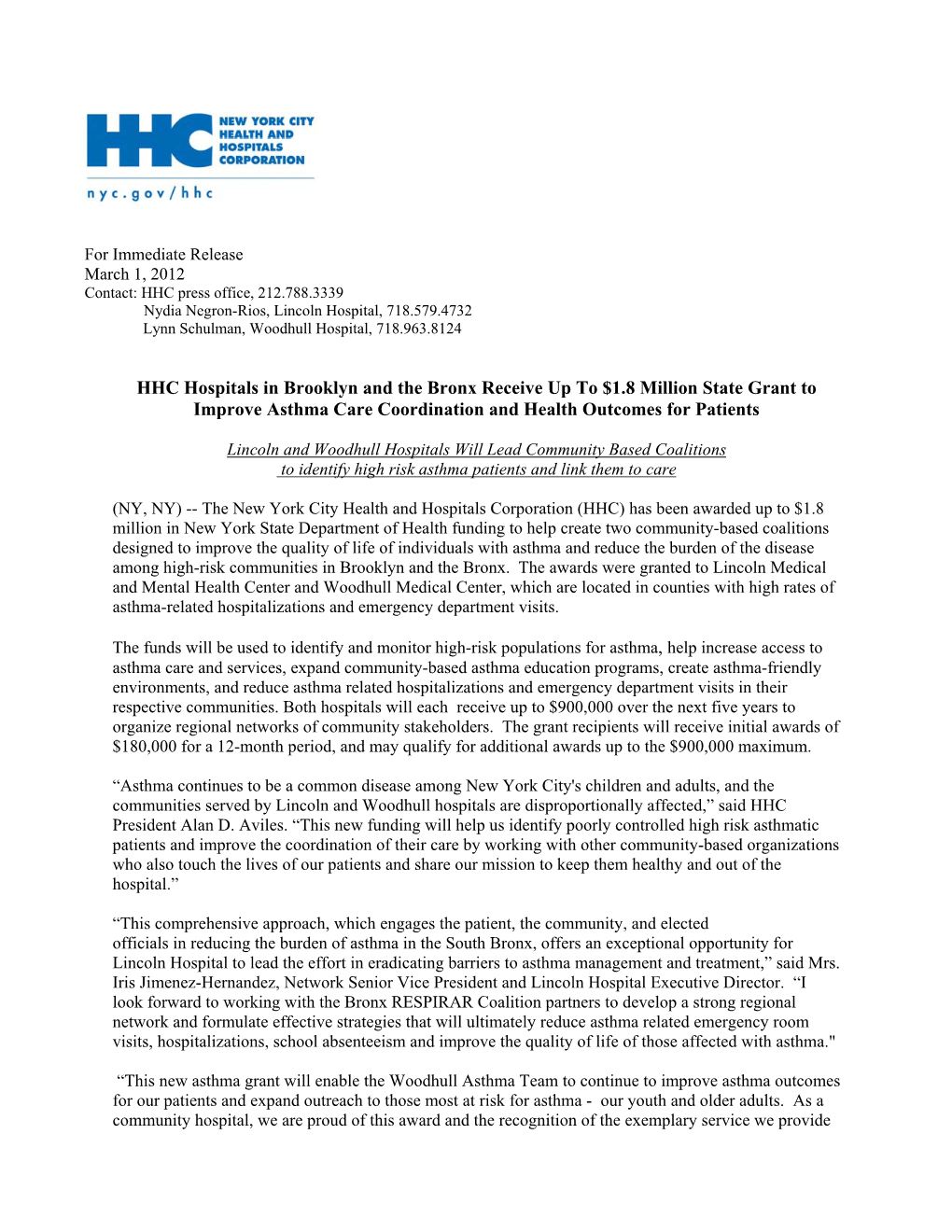 HHC Hospitals in Brooklyn and the Bronx Receive up to $1.8 Million State Grant to Improve Asthma Care Coordination and Health Outcomes for Patients