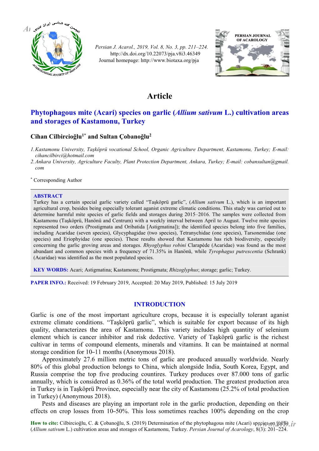 Acari) Species on Garlic (Allium Sativum L.) Cultivation Areas and Storages of Kastamonu, Turkey