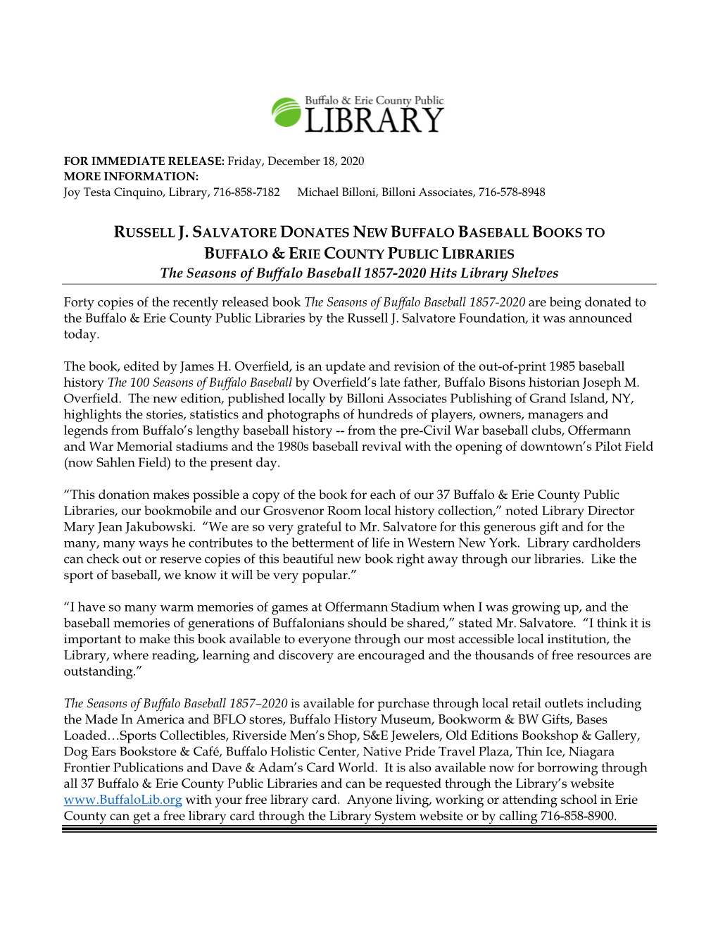 RUSSELL J. SALVATORE DONATES NEW BUFFALO BASEBALL BOOKS to BUFFALO & ERIE COUNTY PUBLIC LIBRARIES the Seasons of Buffalo Baseball 1857-2020 Hits Library Shelves