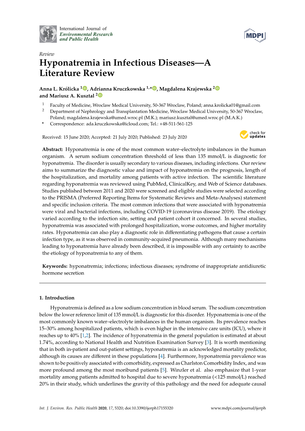 Hyponatremia in Infectious Diseases—A Literature Review