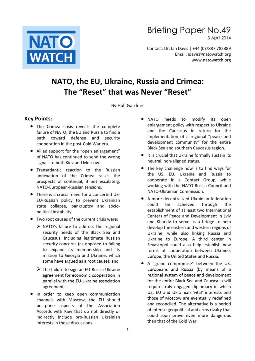 Briefing Paper No.49 NATO, the EU, Ukraine, Russia and Crimea