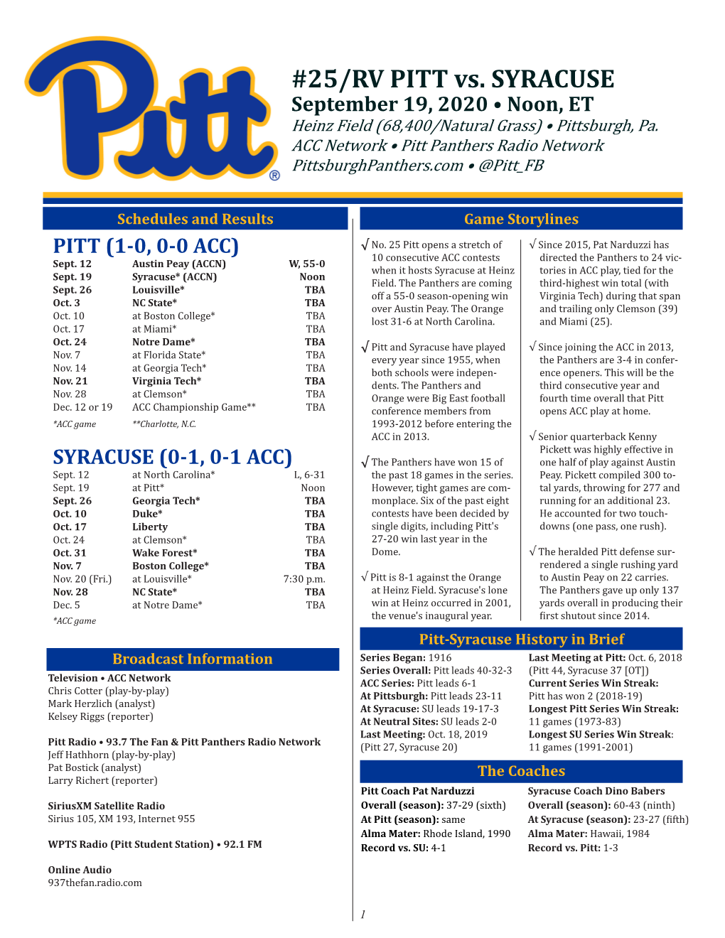 25/RV PITT Vs. SYRACUSE September 19, 2020 • Noon, ET Heinz Field (68,400/Natural Grass) • Pittsburgh, Pa