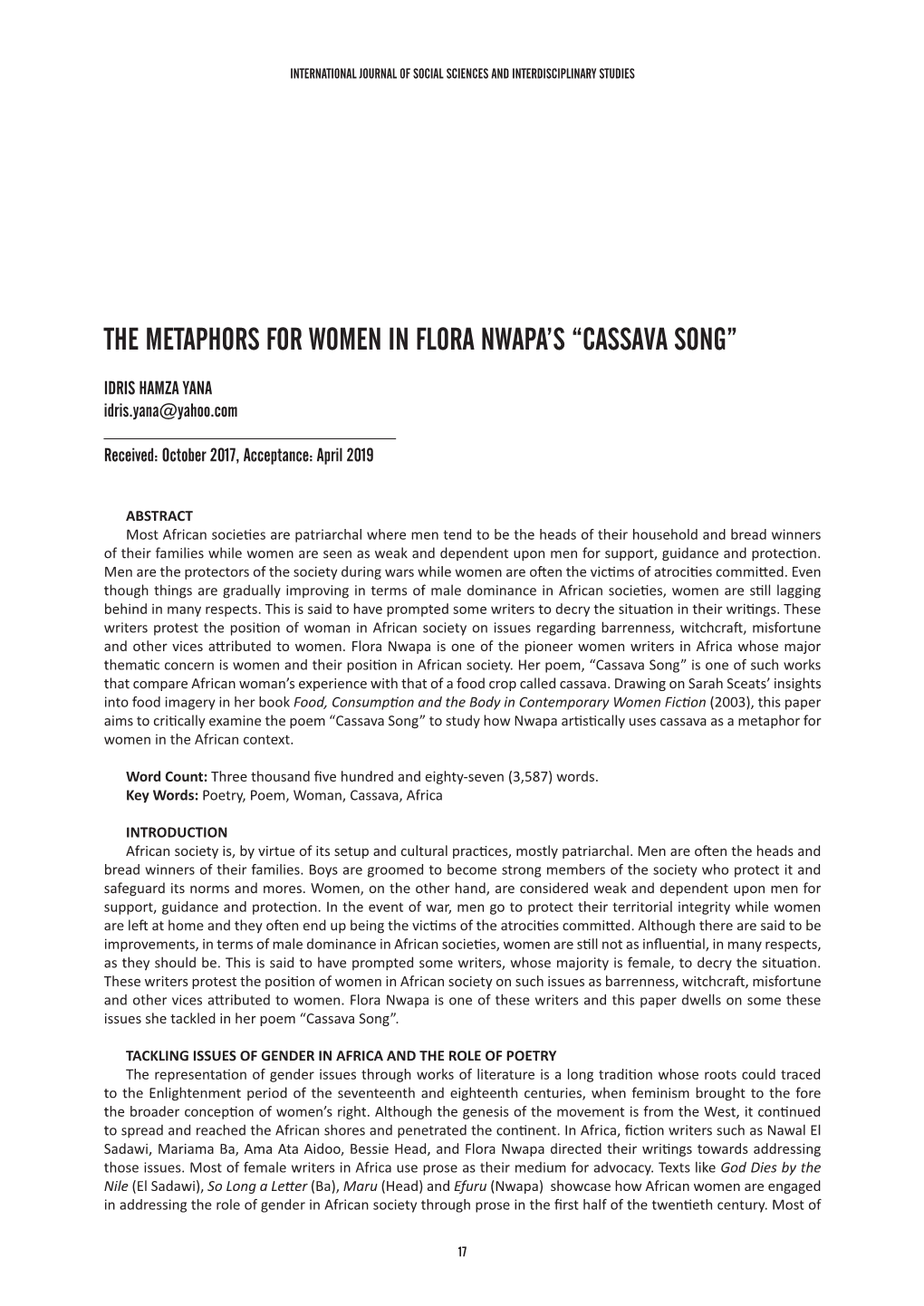 The Metaphors for Women in Flora Nwapa's “Cassava Song”