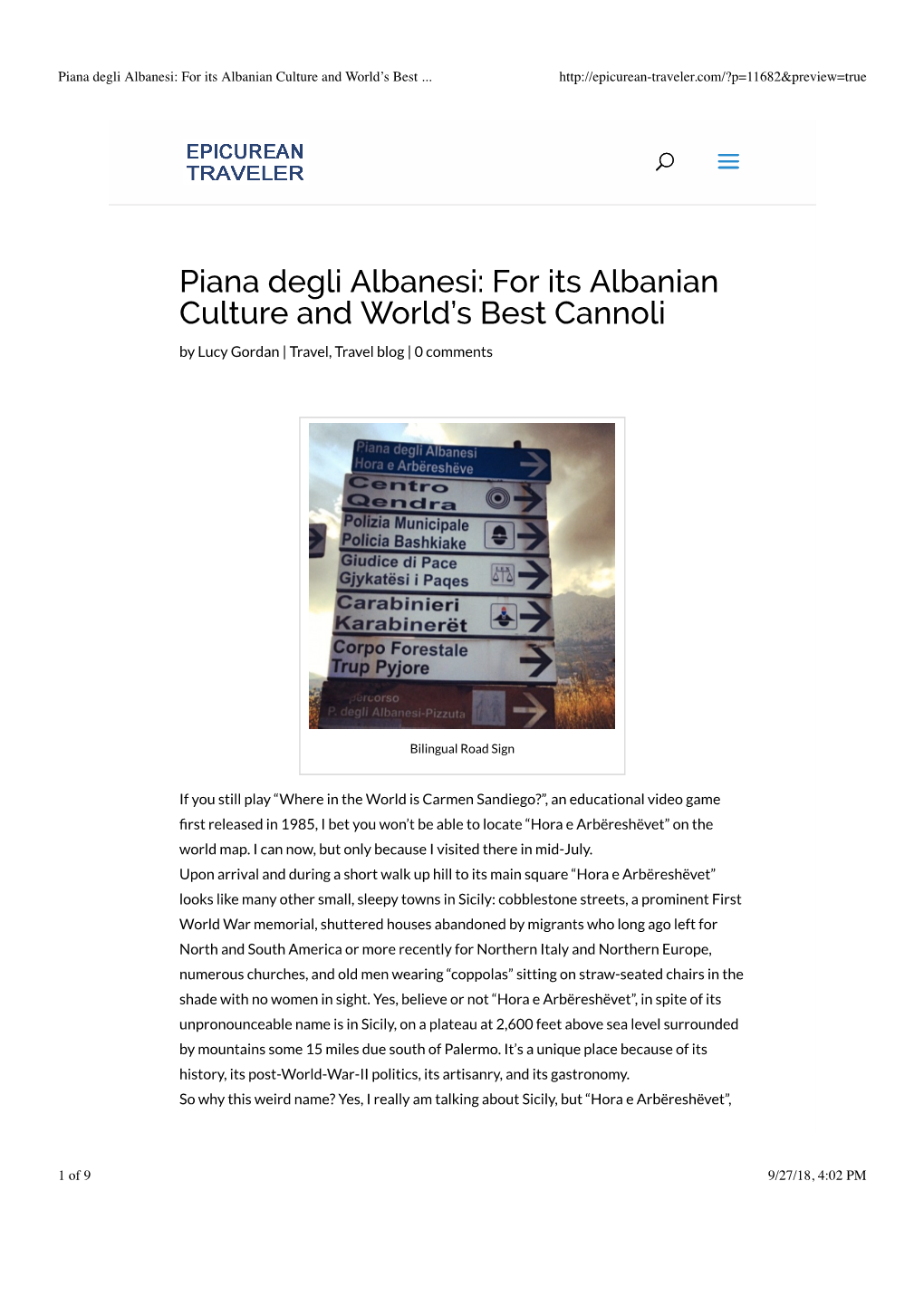 Piana Degli Albanesi: for Its Albanian Culture and World’S Best