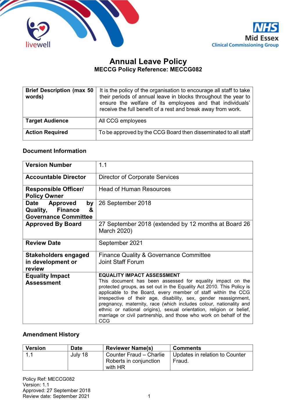 Annual Leave Policy MECCG Policy Reference: MECCG082