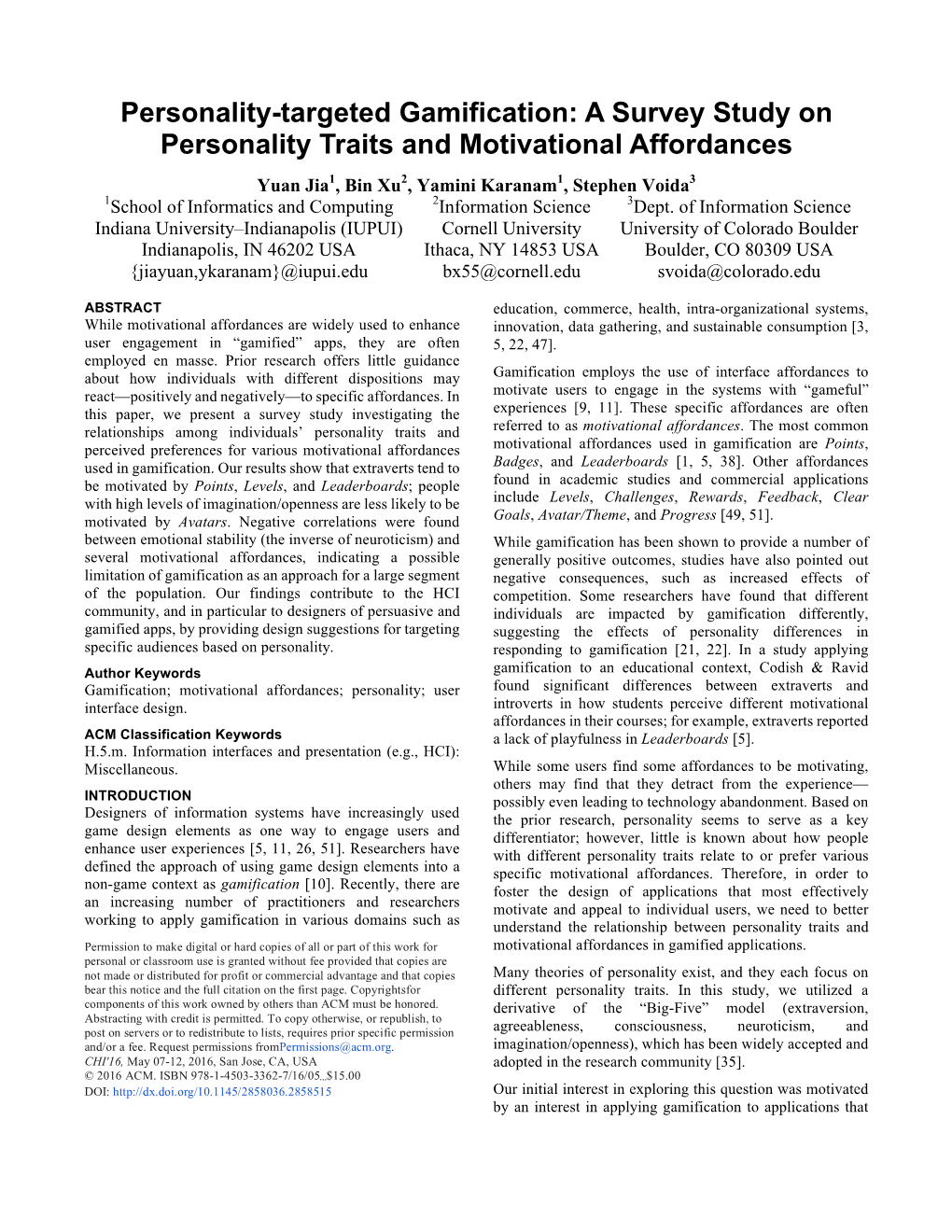 A Survey Study on Personality Traits and Motivational Affordances