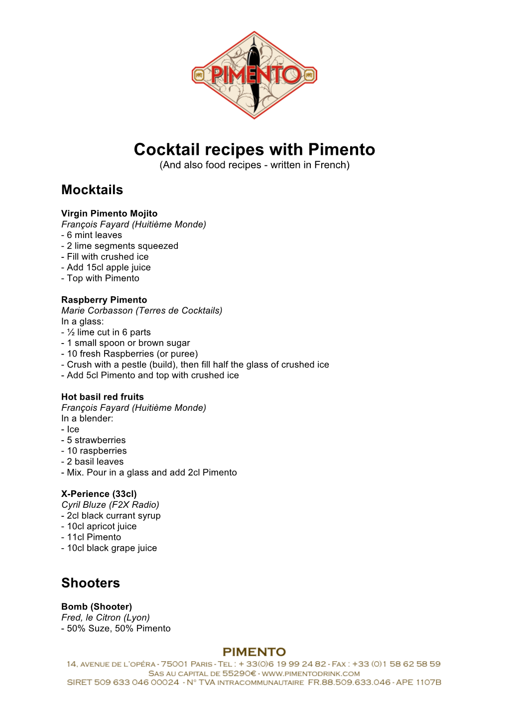 Cocktail Recipes with Pimento (And Also Food Recipes - Written in French)