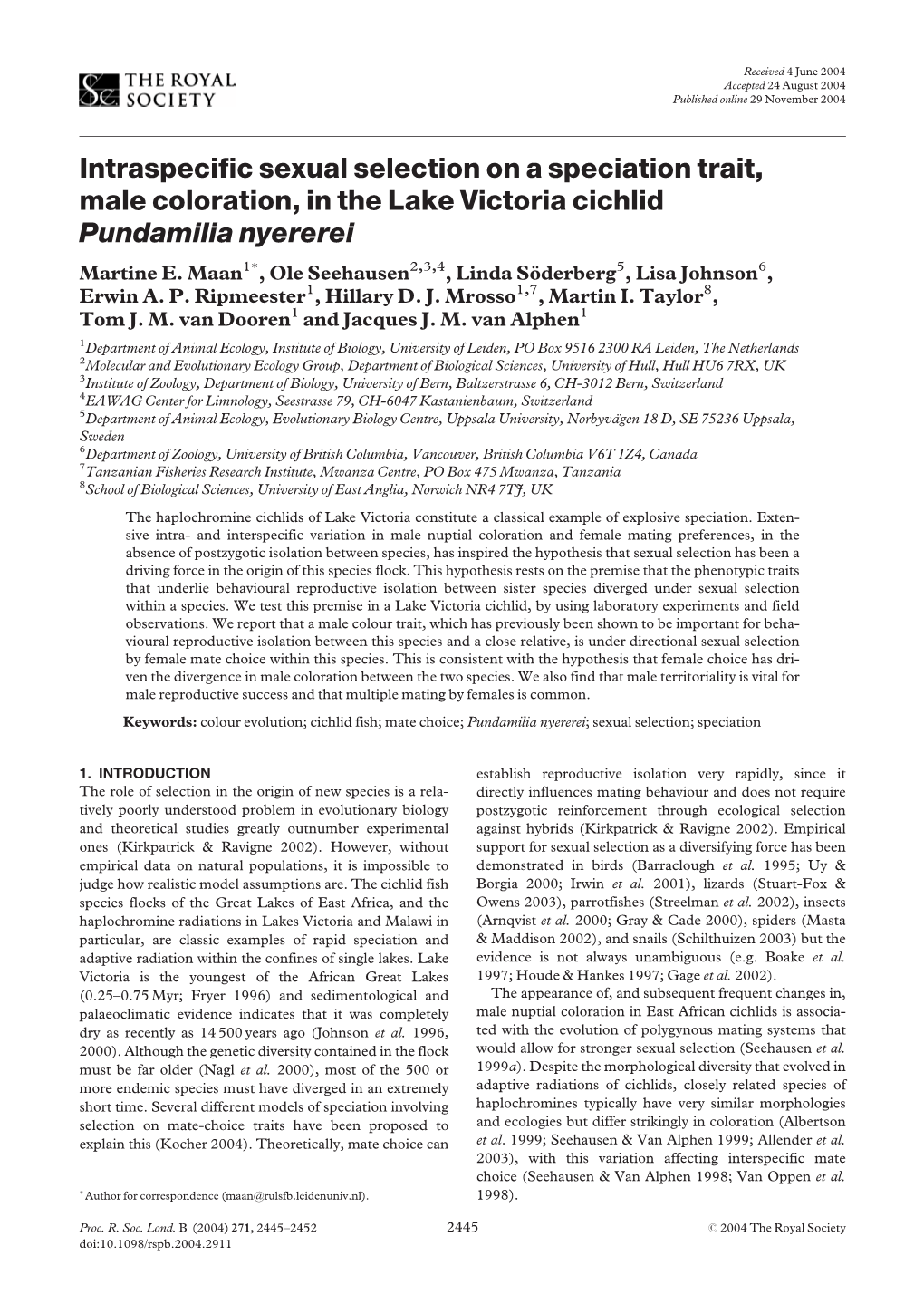 Intraspecific Sexual Selection on a Speciation Trait, Male Coloration, in the Lake Victoria Cichlid Pundamilia Nyererei Martine E