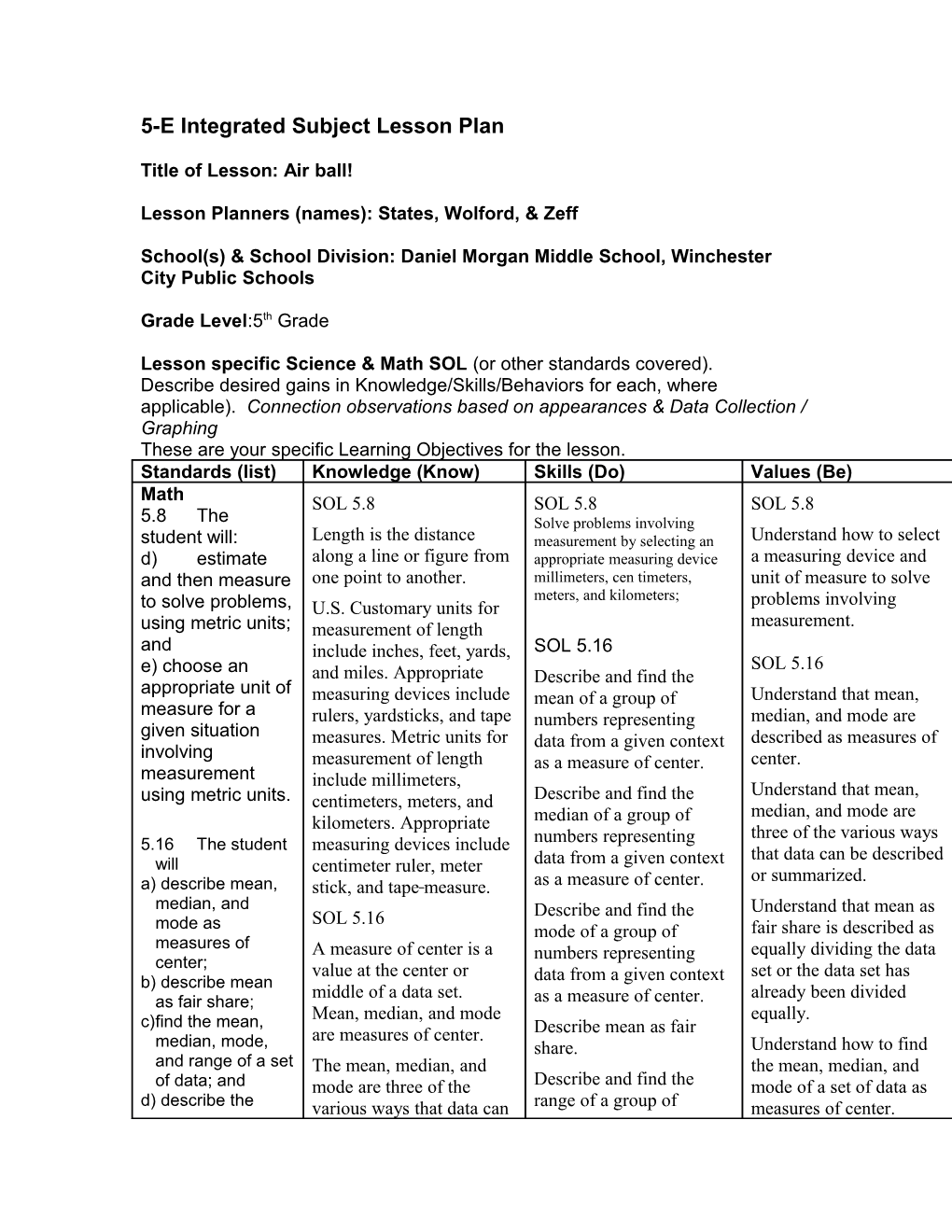 5-E Integrated Subject Lesson Plan