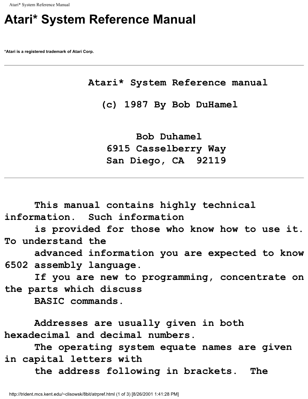 Atari* System Reference Manual Atari* System Reference Manual