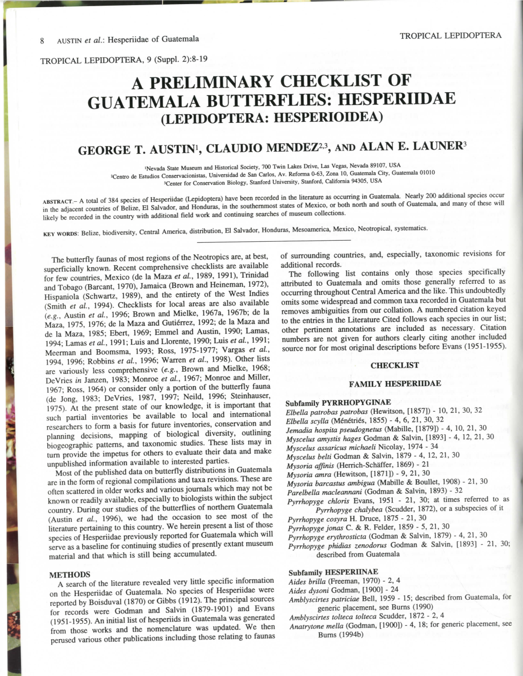 A Preliminary Checklist of Guatemala Butterflies: Hesperiidae (Lepidoptera: Hesperioidea)