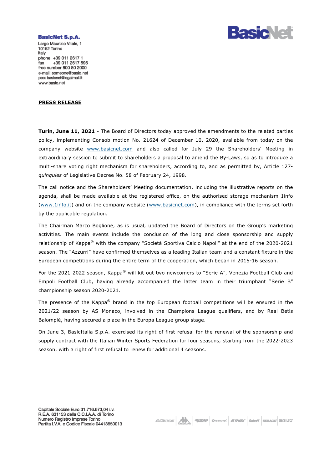 PRESS RELEASE Turin, June 11, 2021