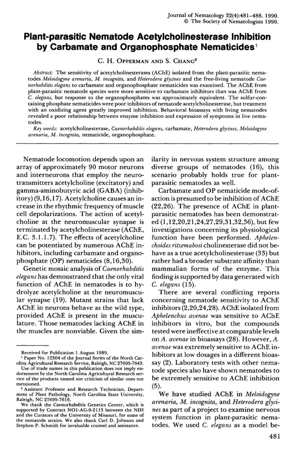 Plant-Parasitic Nematode Acetylcholinesterase Inhibition by Carbamate and Organophosphate Nematicides 1