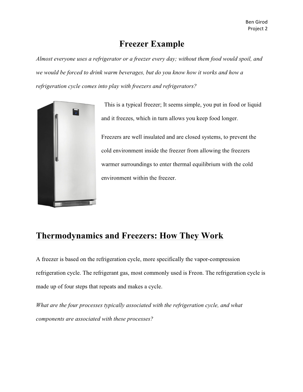 Freezer Example Thermodynamics and Freezers