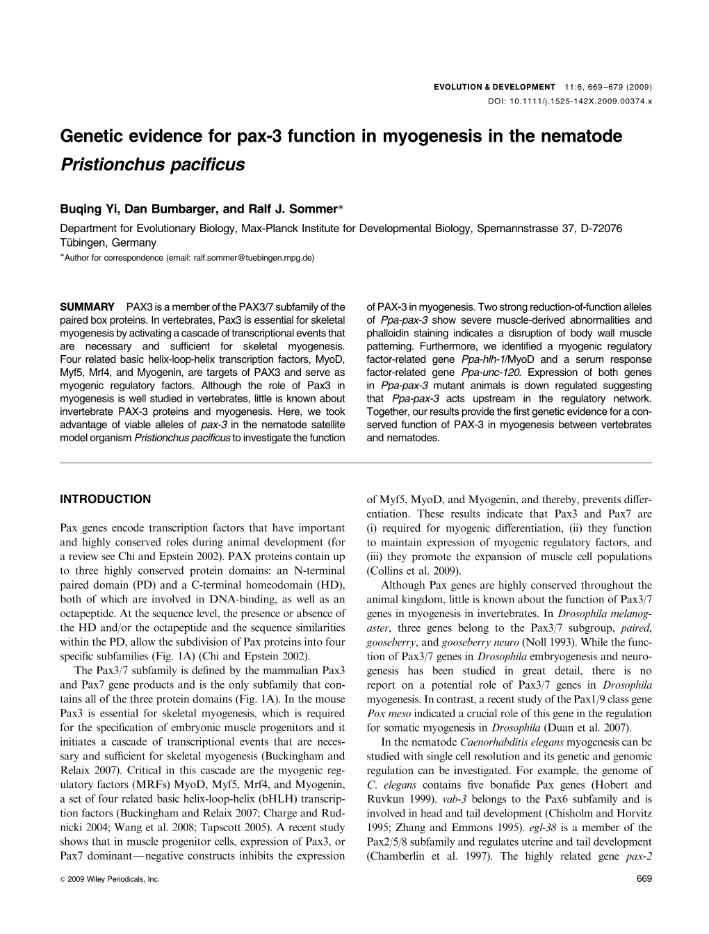 Genetic Evidence for Pax-3 Function in Myogenesis in the Nematode Pristionchus Pacificus