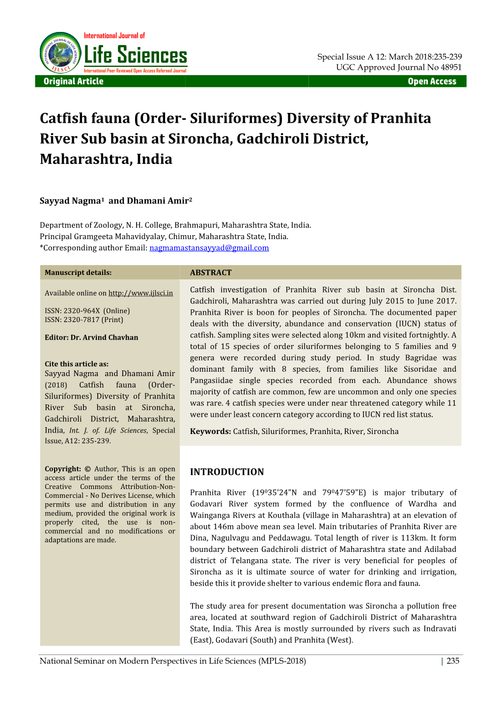 Diversity of Pranhita River Sub Basin at Sironcha, Gadchiroli District, Maharashtra, India