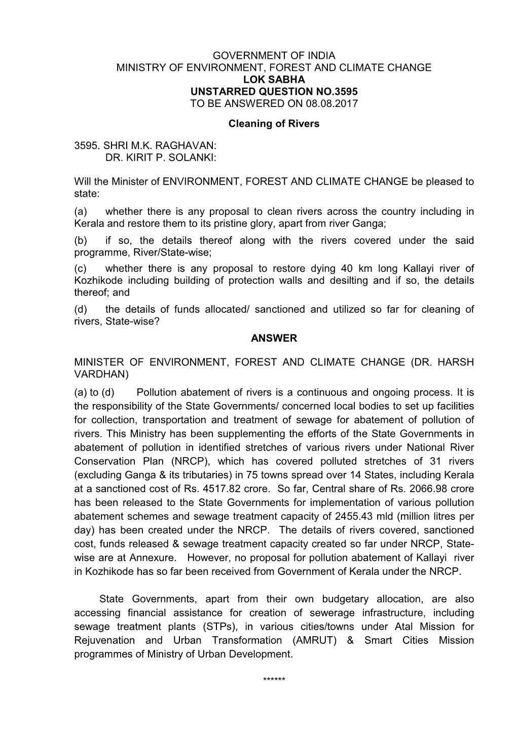 Government of India Ministry of Environment, Forest and Climate Change Lok Sabha Unstarred Question No.3595 to Be Answered on 08.08.2017