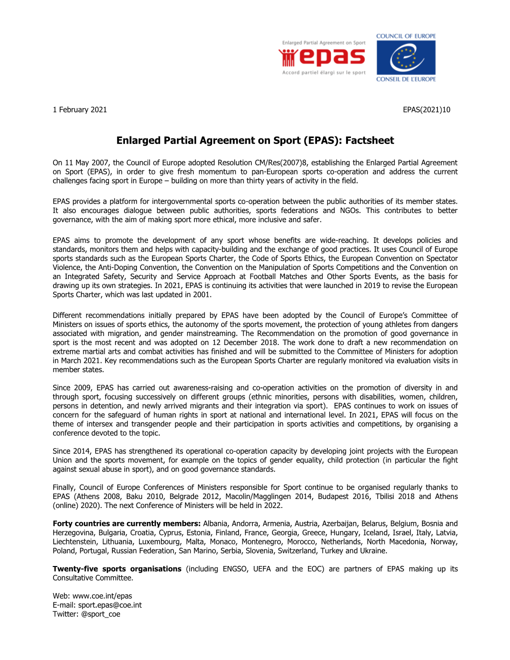 Enlarged Partial Agreement on Sport (EPAS): Factsheet