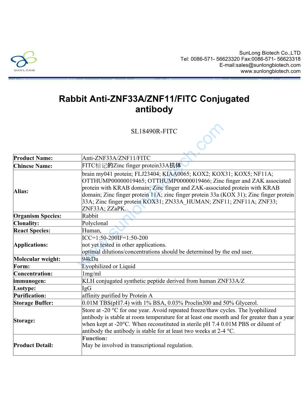 Rabbit Anti-ZNF33A/ZNF11/FITC Conjugated Antibody-SL18490R