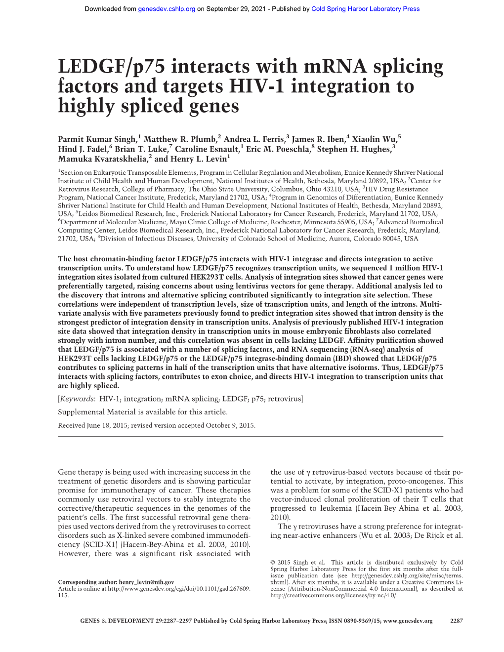 LEDGF/P75 Interacts with Mrna Splicing Factors and Targets HIV-1 Integration to Highly Spliced Genes