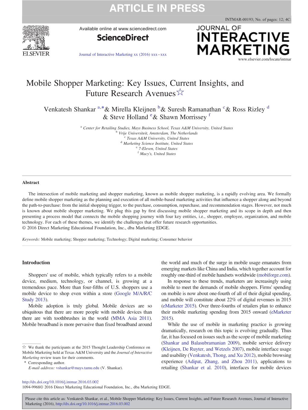 Mobile Shopper Marketing: Key Issues, Current Insights, and Future
