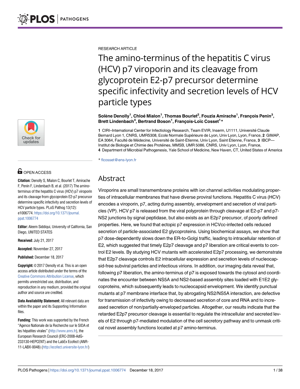 The Amino-Terminus of the Hepatitis C Virus (HCV) P7 Viroporin and Its Cleavage from Glycoprotein E2-P7 Precursor Determine Spec