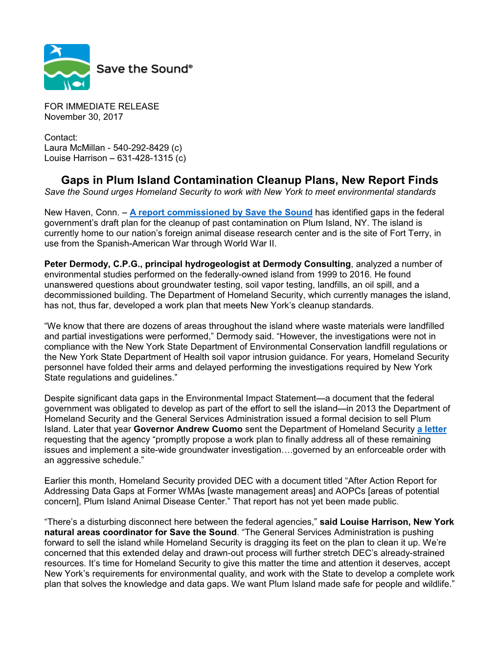 Gaps in Plum Island Contamination Cleanup Plans, New Report Finds Save the Sound Urges Homeland Security to Work with New York to Meet Environmental Standards