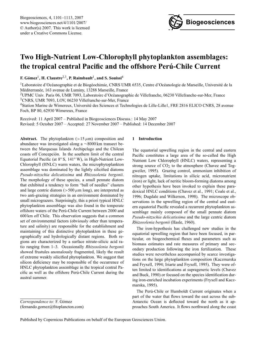 Two High-Nutrient Low-Chlorophyll Phytoplankton Assemblages: the Tropical Central Paciﬁc and the Offshore Peru-Chile´ Current