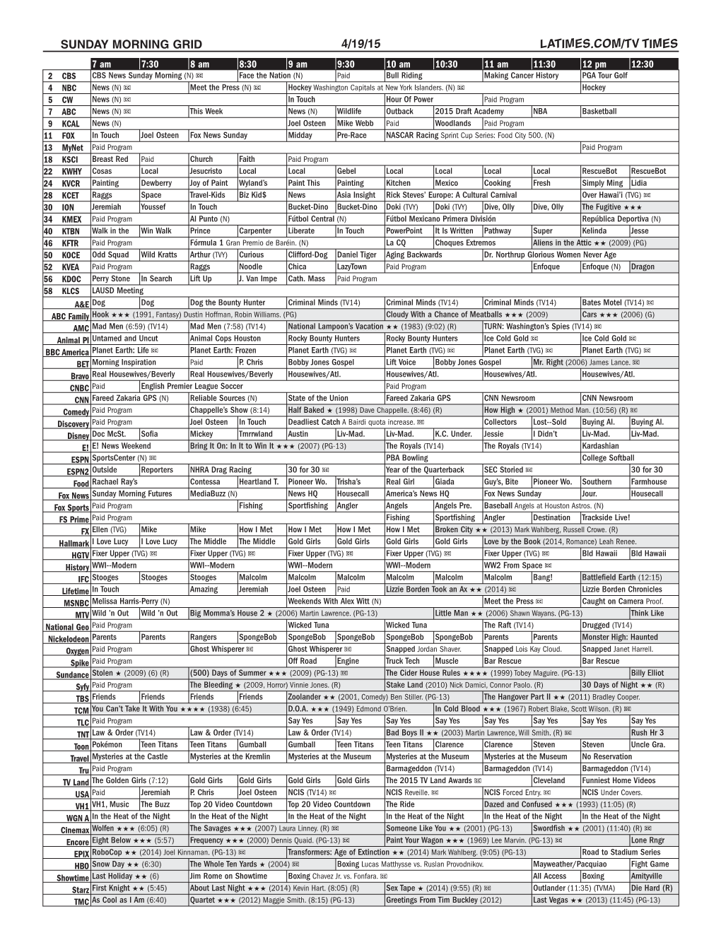 Sunday Morning Grid 4/19/15 Latimes.Com/Tv Times