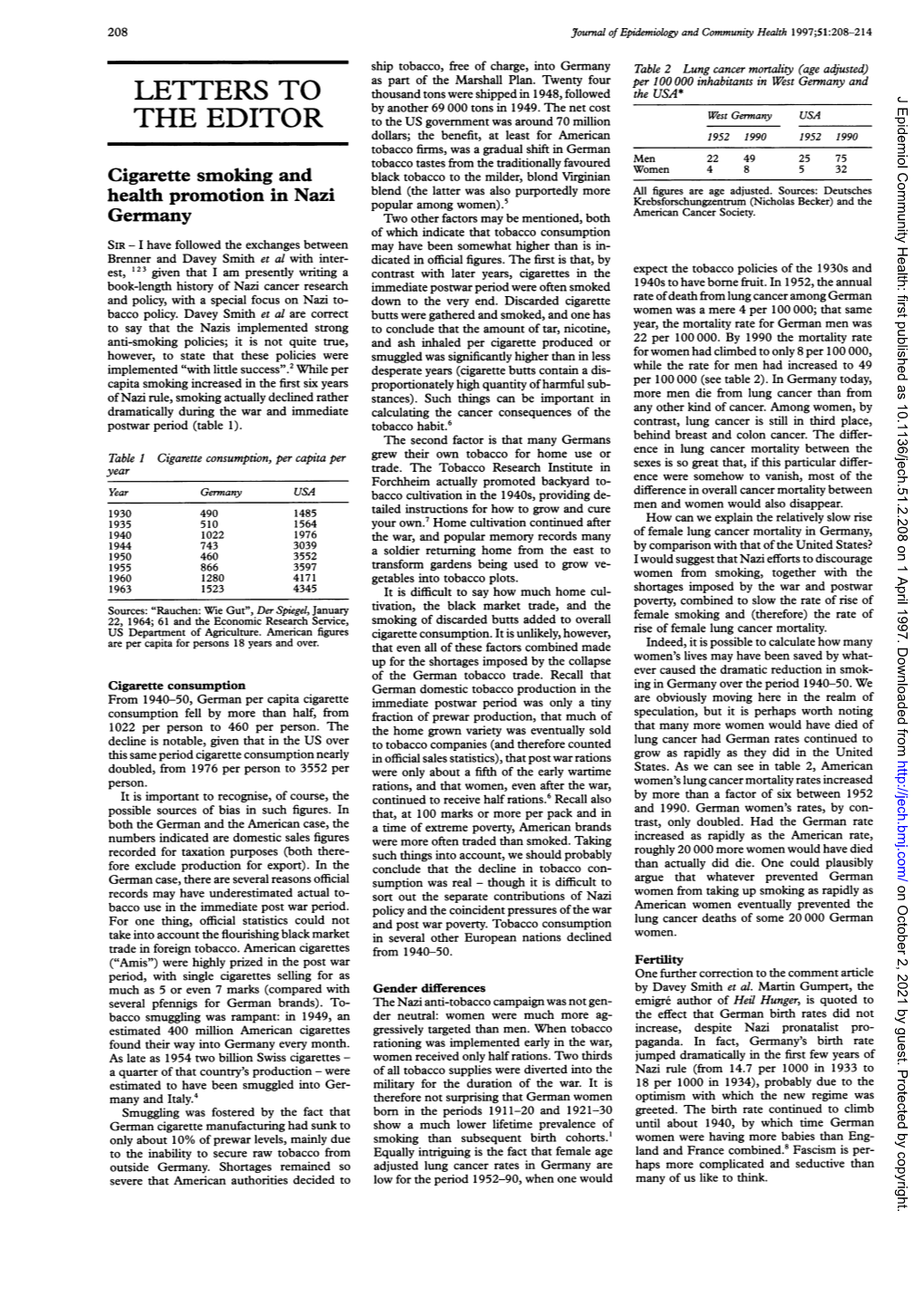 LETTERS to Thousand Tons Were Shipped in 1948, Followed the USA* J Epidemiol Community Health: First Published As 10.1136/Jech.51.2.208 on 1 April 1997