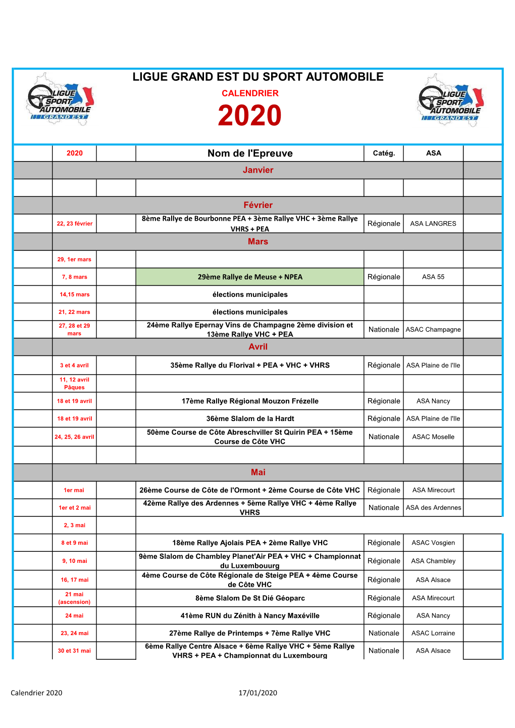 Ligue Grand Est Du Sport Automobile Calendrier 2020