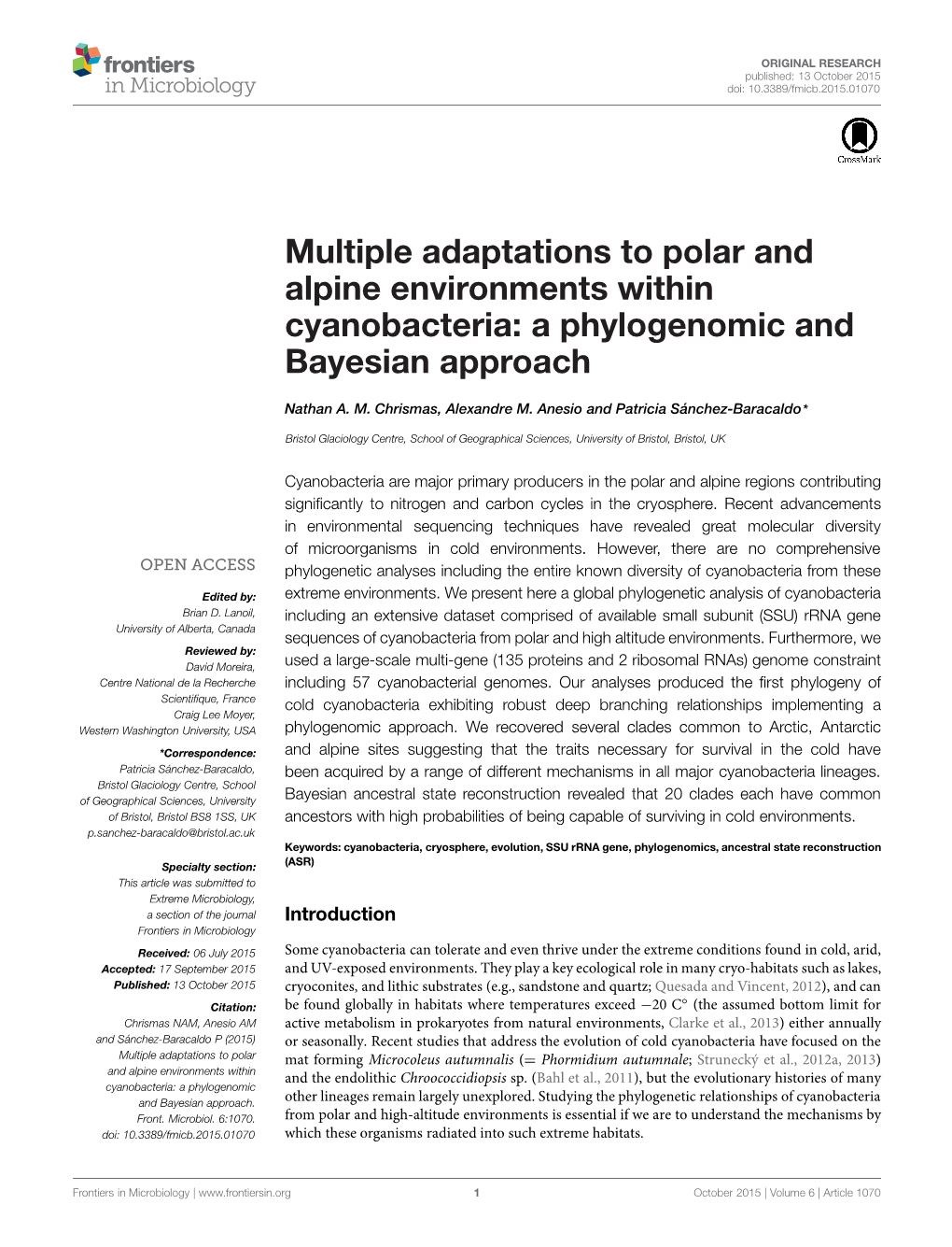 Multiple Adaptations to Polar and Alpine Environments Within Cyanobacteria: a Phylogenomic and Bayesian Approach