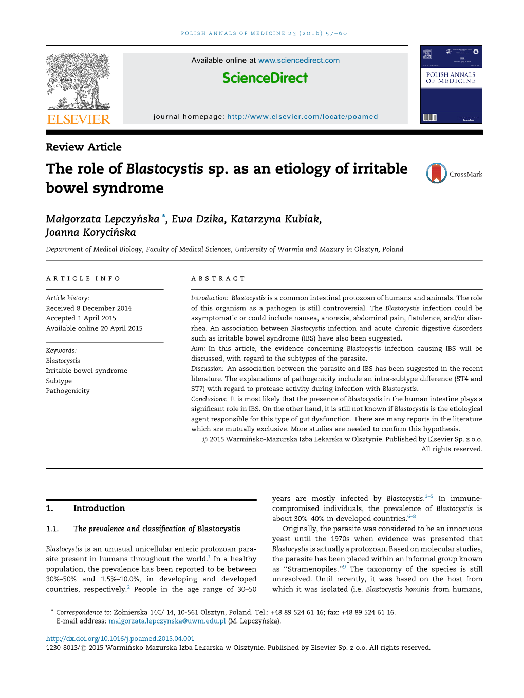 The Role of Blastocystis Sp. As an Etiology of Irritable Bowel Syndrome