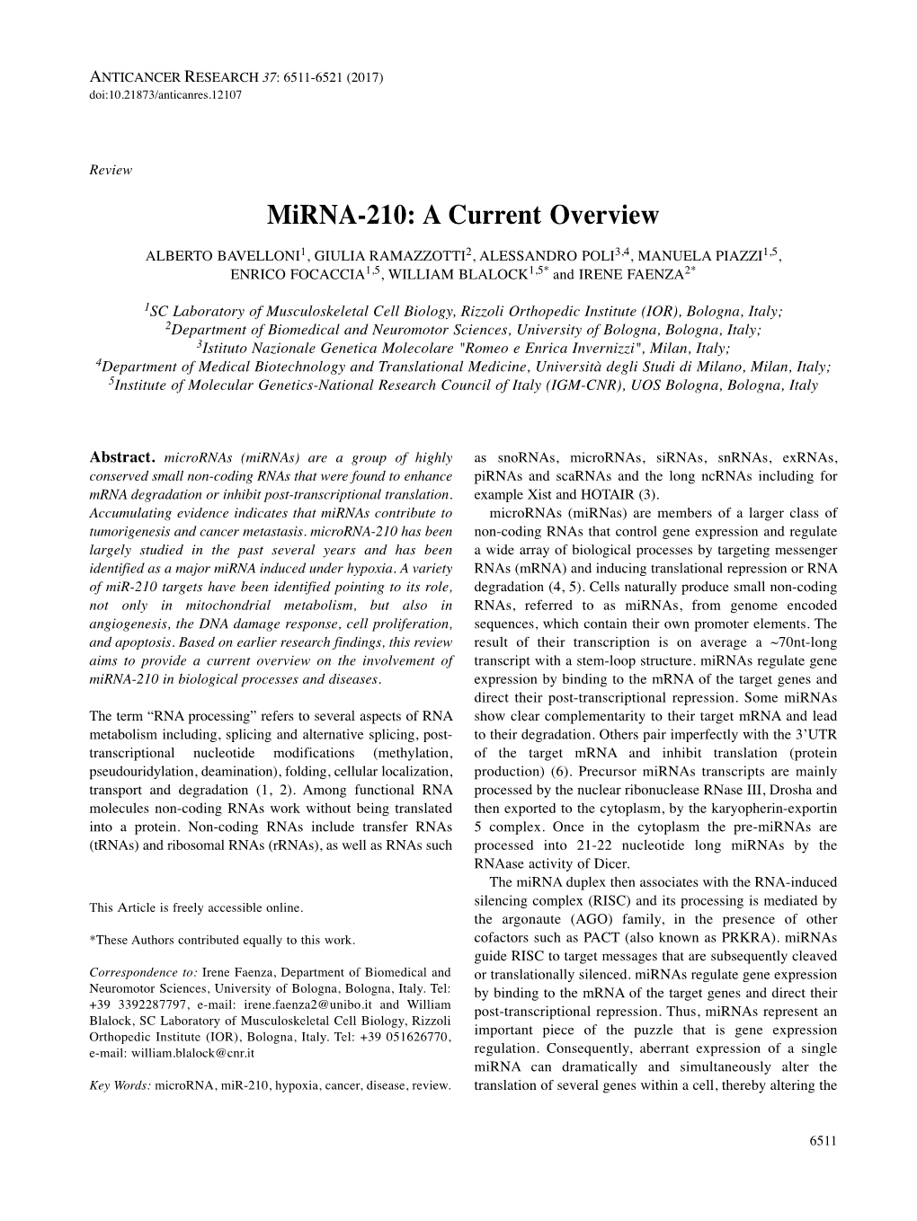 Mirna-210: a Current Overview