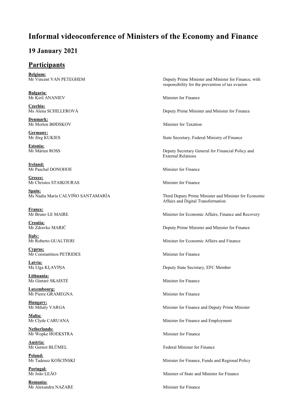 Informal Videoconference of Ministers of the Economy and Finance 19 January 2021