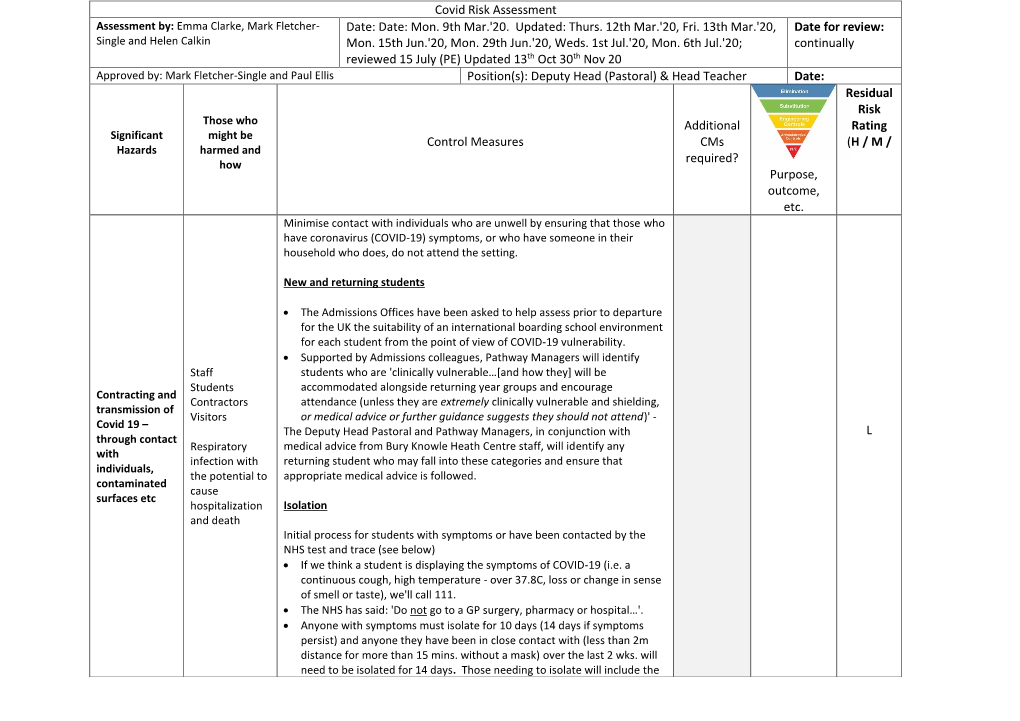 EF Academy Oxford Covid Risk Assessment