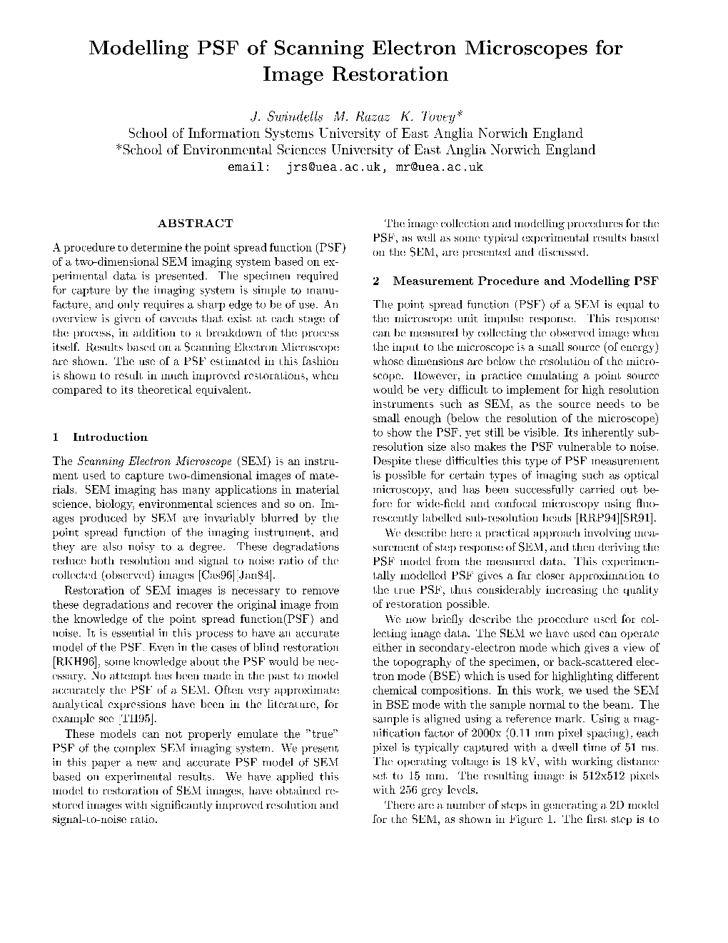 Modelling PSF of Scanning Electron Microscopes for Image Restoration