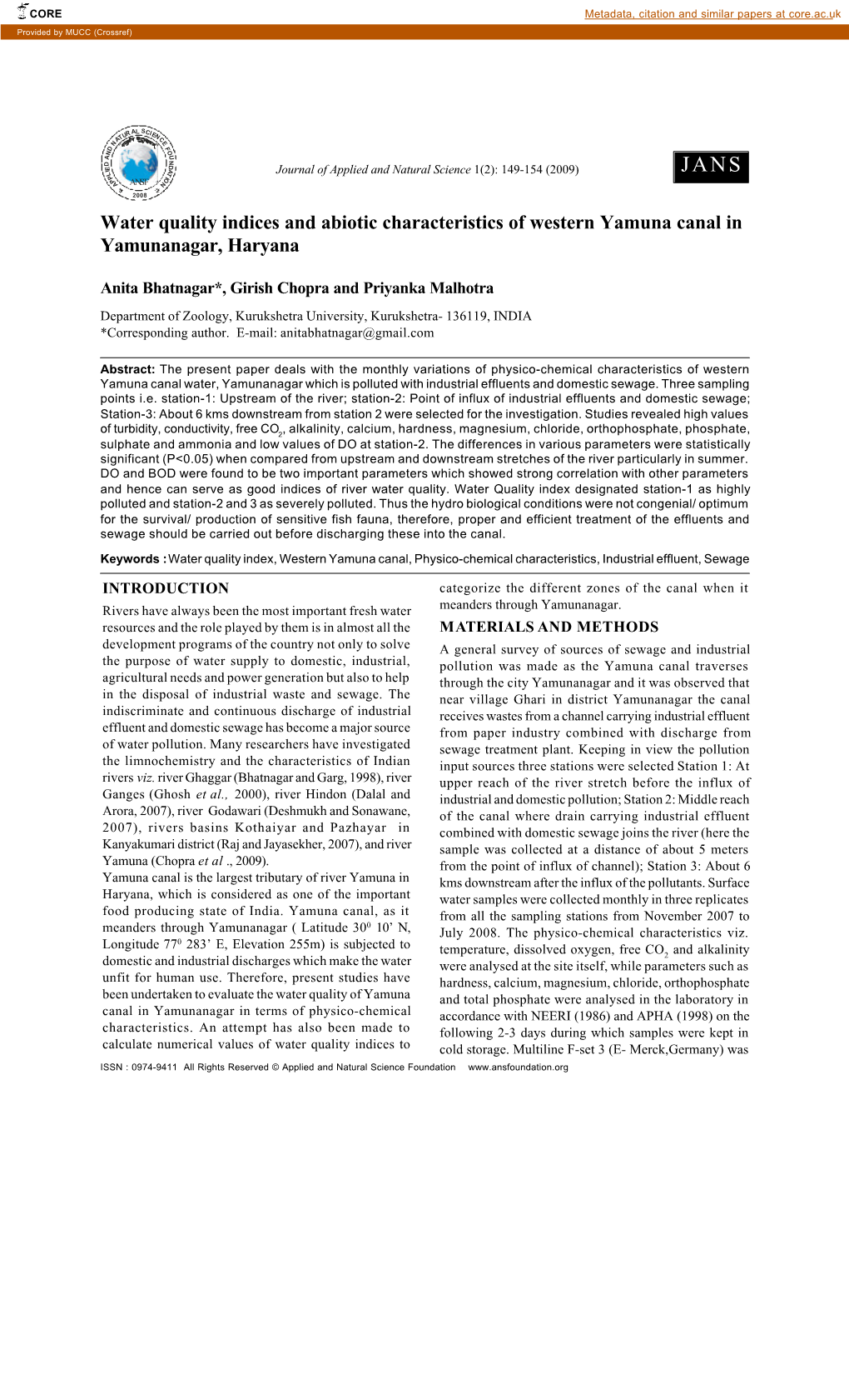 Water Quality Indices and Abiotic Characteristics of Western Yamuna Canal in Yamunanagar, Haryana