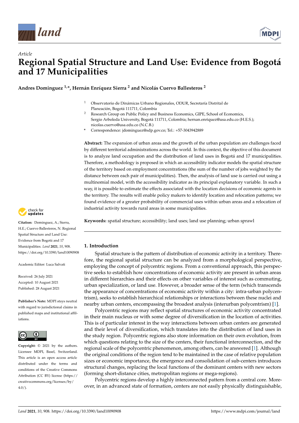 Regional Spatial Structure and Land Use: Evidence from Bogotá and 17 Municipalities