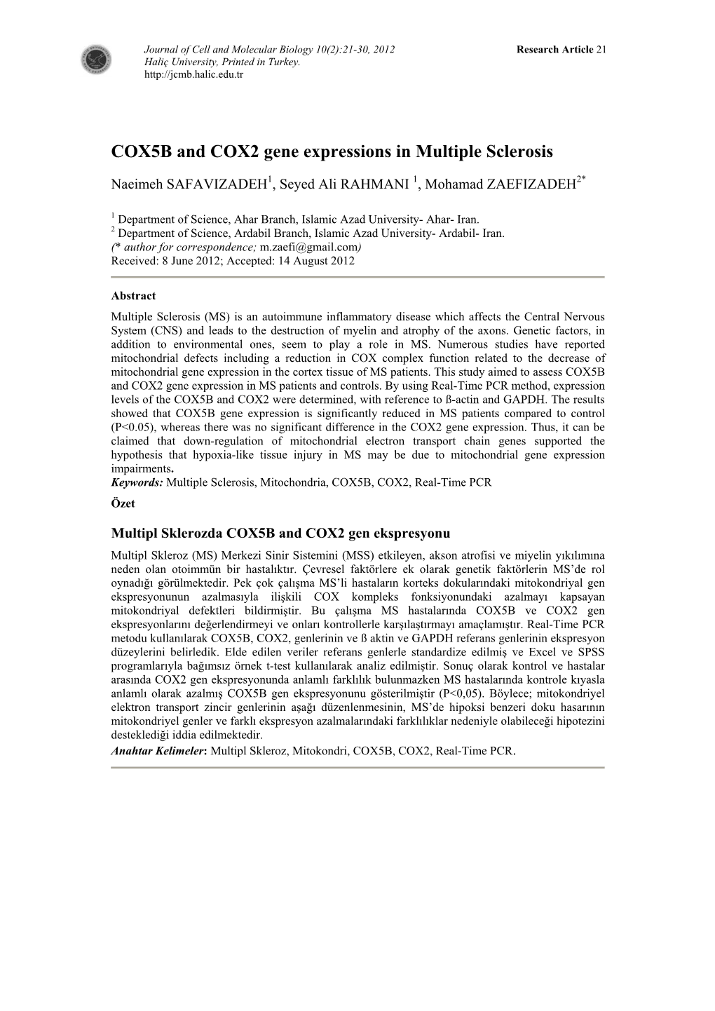 COX5B and COX2 Gene Expressions in Multiple Sclerosis