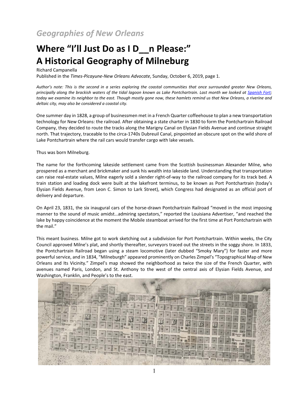 Milneburg Richard Campanella Published in the Times-Picayune-New Orleans Advocate, Sunday, October 6, 2019, Page 1